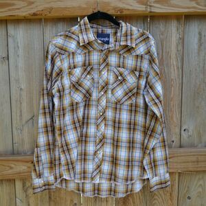 Wrangler Pearl Snap Shirt Long Sleeve Boys Brown Plaid XL Cotton Blend Flaw